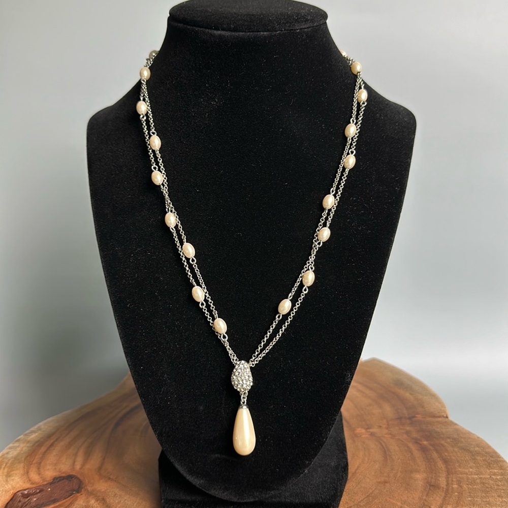 Silver and pearl look teardrop necklace